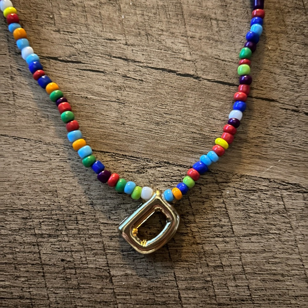 Colorful Beaded Necklace with Gold tone initial D Bubble Letter Pendant